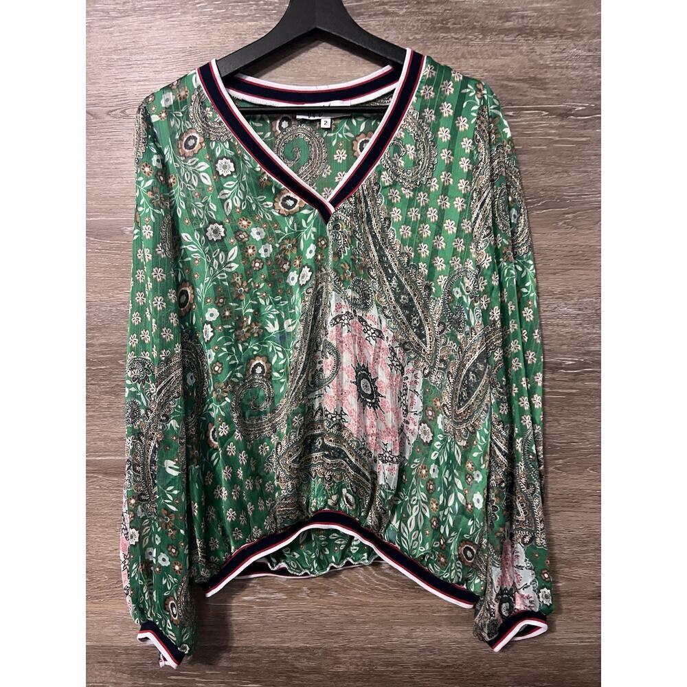 Jeff Gallano Paris Sz 2 Small Green Sheer V Neck Top Silky Paisley V Neck Resort